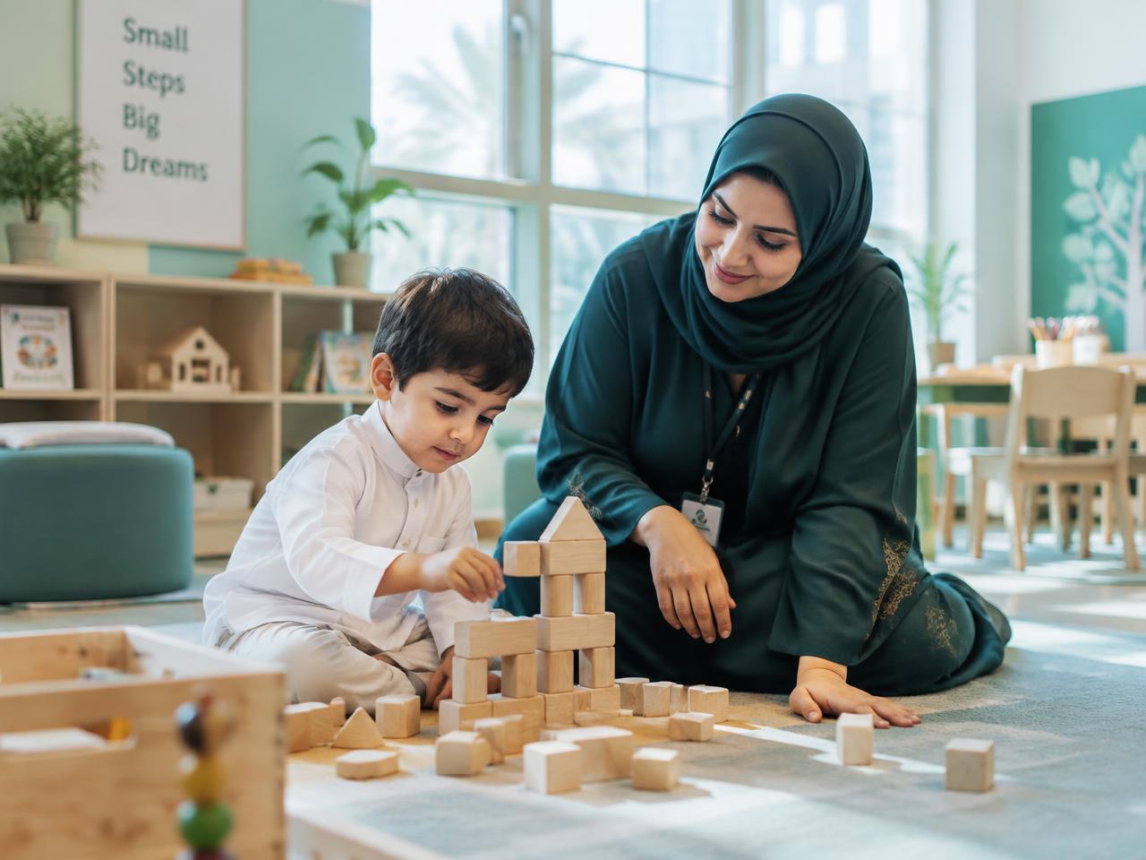 Teacher supporting a child building with blocks